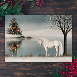 Cartes Pour Fêtes Annuelles Beau Cheval Blanc au bord d'un Lac en Hiver Noël