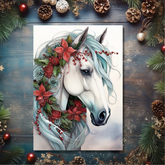 Cartes Pour Fêtes Annuelles Beau Cheval Blanc avec Fleurs Rouges Noël (Front - Beautiful White Horse with Red Flowers Christmas Holiday Card)
