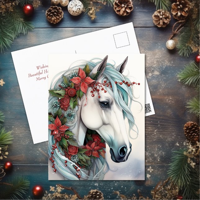 Cartes Pour Fêtes Annuelles Beau Cheval Blanc avec Fleurs Rouges Noël (Beautiful White Horse with Red Flowers Christmas Holiday Postcard)