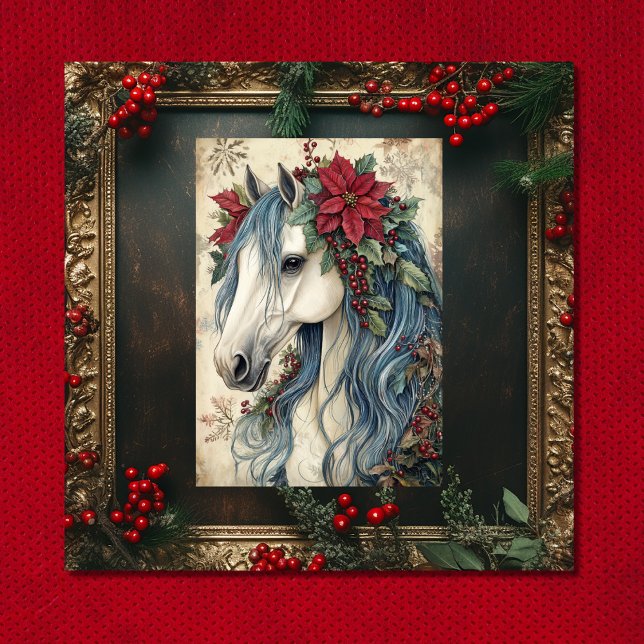 Cartes Pour Fêtes Annuelles Beau Cheval de Style avec Cadre de Noël (Front - Beautiful Vintage Horse with Frame Christmas Holiday Card)