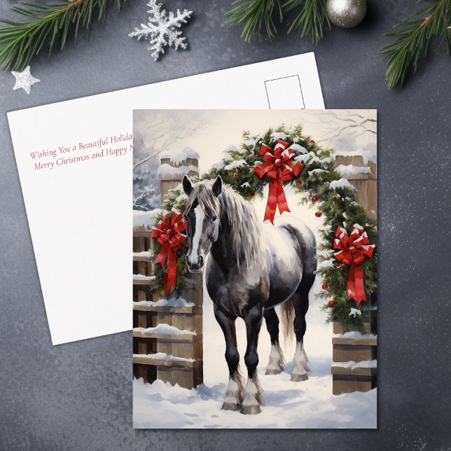 Cartes Pour Fêtes Annuelles Beau Cheval gris avec Garland d'hiver Noël (Beautiful Grey Horse with Winter Garland Christmas Holiday Postcard)