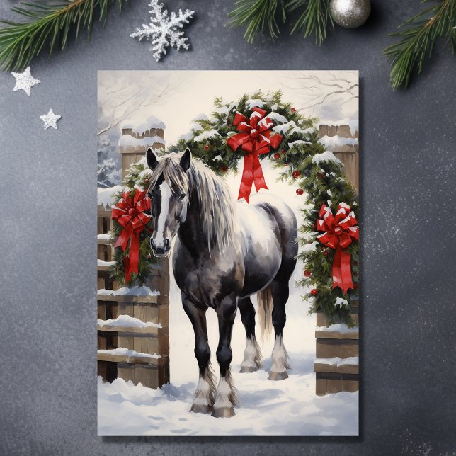 Cartes Pour Fêtes Annuelles Beau Cheval gris avec Garland d'hiver Noël (Front - Beautiful Grey Horse with Winter Garland Christmas Holiday Card)