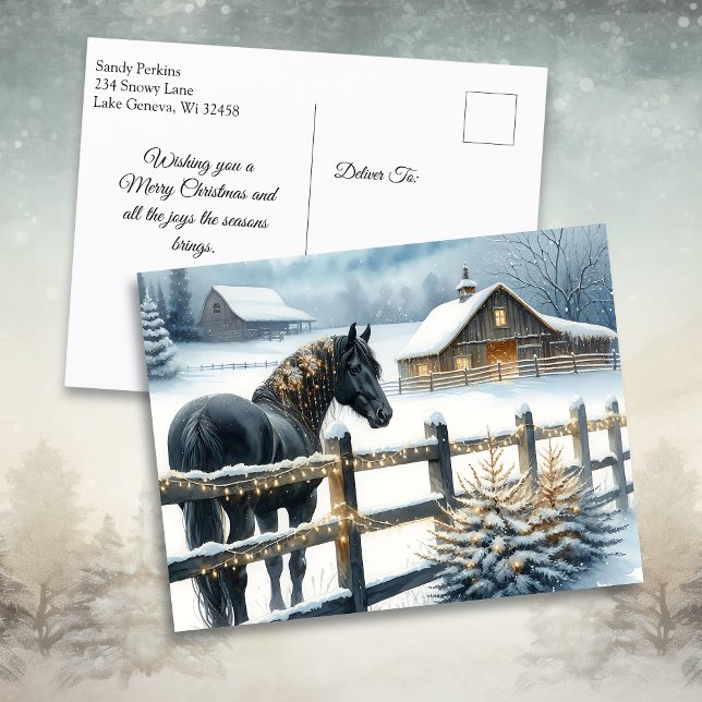 Cartes Pour Fêtes Annuelles Beau Cheval Noir sur une ferme de Noël (Créateur téléchargé)