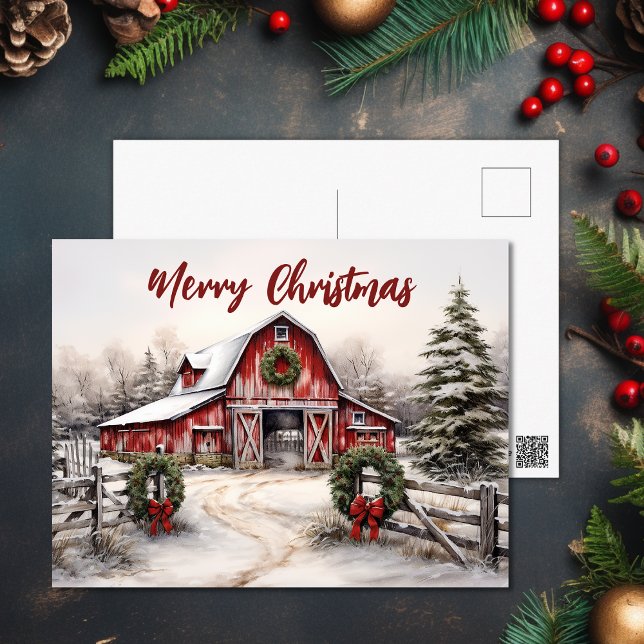 Cartes Pour Fêtes Annuelles Beau hiver neigeux Rustic Red Grange Noël (Beautiful Snowy Winter Rustic Red Barn Christmas Holiday Postcard)