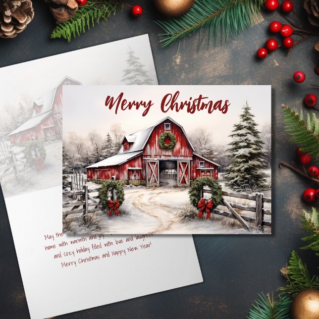 Cartes Pour Fêtes Annuelles Beau hiver neigeux Rustic Red Grange Noël (Beautiful Snowy Winter Rustic Red Barn Christmas Holiday Card)