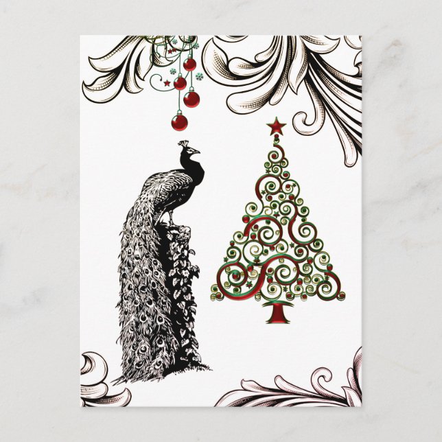Cartes Pour Fêtes Annuelles Beau paon et sapin de Noël (Devant)