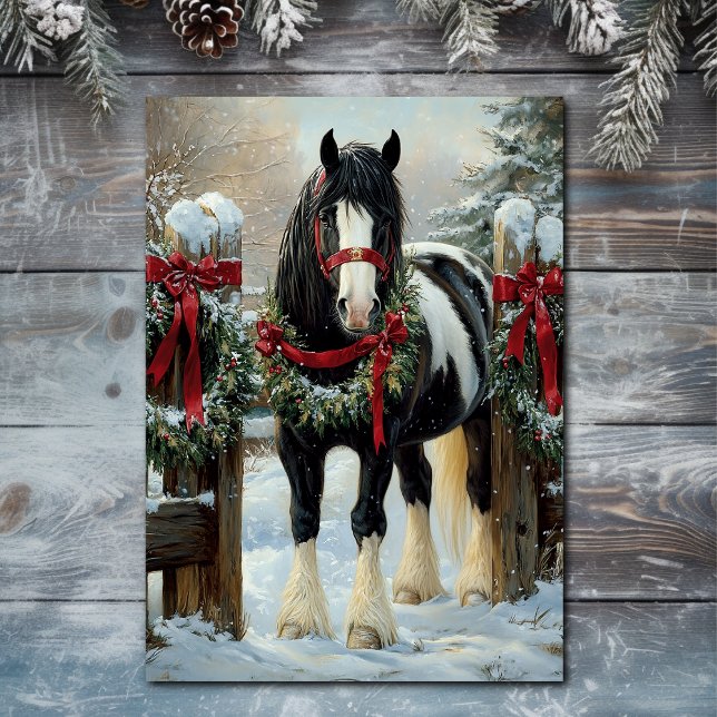 Cartes Pour Fêtes Annuelles Beau Shire Cheval Brouillon et Wreath Noël (Front - Beautiful Shire Draught Horse and Wreath Christmas Holiday Card)
