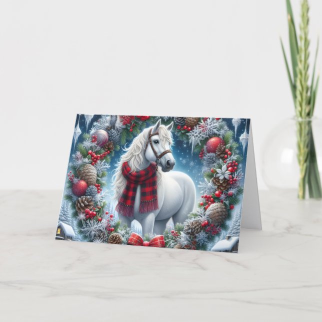 Cartes Pour Fêtes Annuelles Beautiful White Horse Wearing Plaid Scarf (Devant)