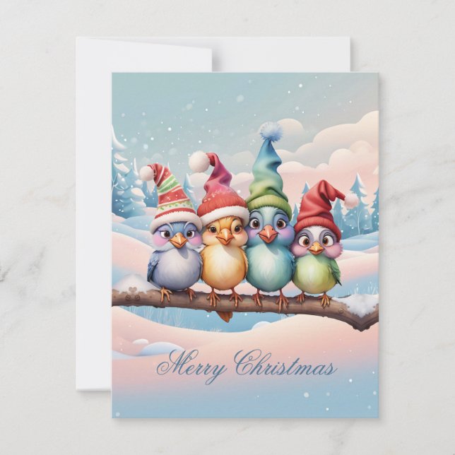 Cartes Pour Fêtes Annuelles Beaux oiseaux imaginaires avec casquettes de Noël. (Devant)
