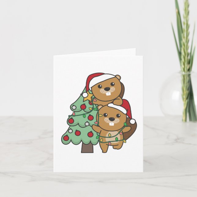 Cartes Pour Fêtes Annuelles Beaver Arbre de Noël Animaux de Noël Castors (Devant)