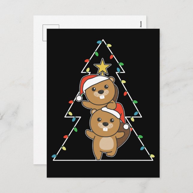 Cartes Pour Fêtes Annuelles Beaver Arbre de Noël Animaux de Noël Castors Ho (Devant / Derrière)