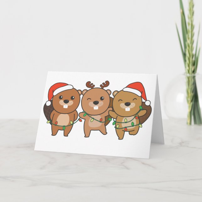 Cartes Pour Fêtes Annuelles Beaver Noël Animaux de Noël Chouette castor Hol (Devant)