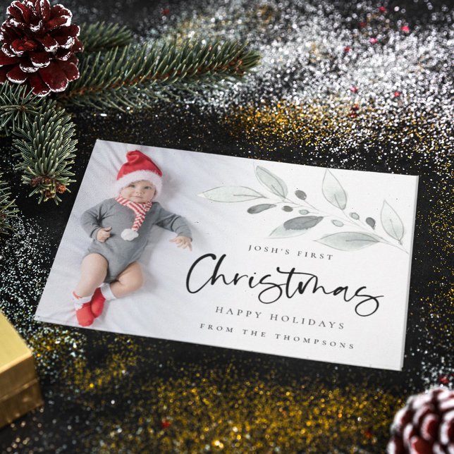 Cartes Pour Fêtes Annuelles Bébé 1er Noël Photo Moderne Foliage (Créateur téléchargé)