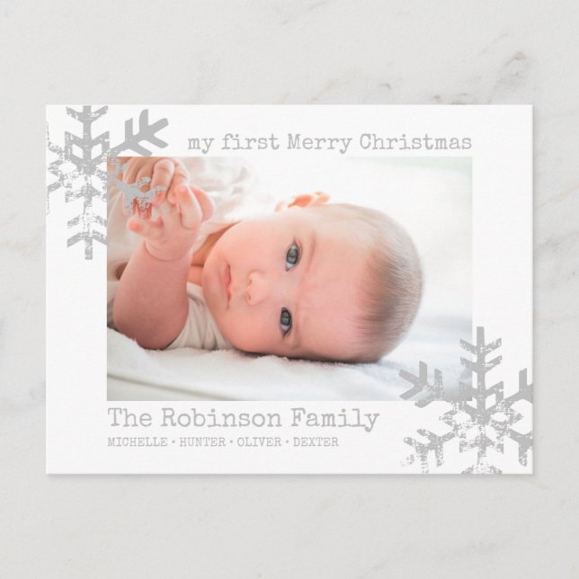 Cartes Pour Fêtes Annuelles Bébé blanc Premier Noël Photo Snowflakes (Devant)