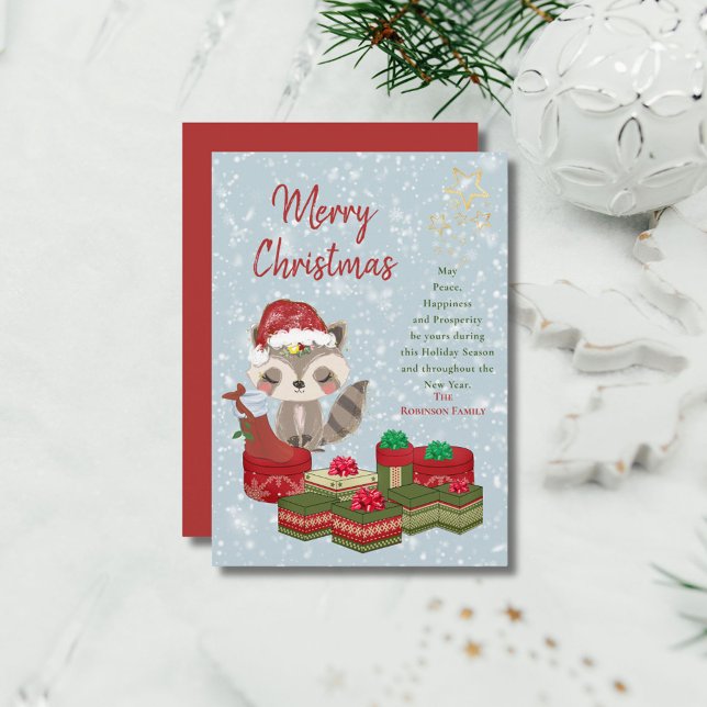 Cartes Pour Fêtes Annuelles Bébé de Noël mignon Raccoon Rouge Santa Chapeau (Créateur téléchargé)
