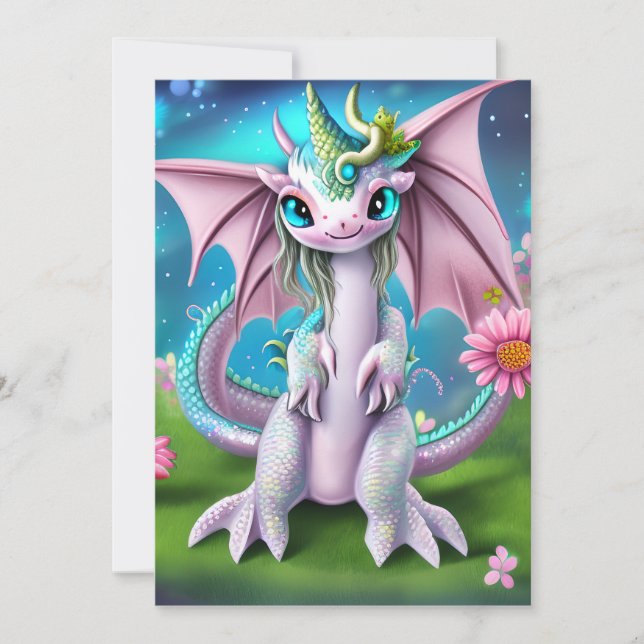 Cartes Pour Fêtes Annuelles Bébé Dragon Mignon Souriant avec des Fleurs (Devant)