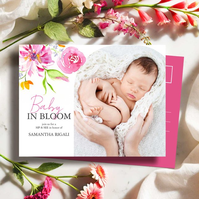 Cartes Pour Fêtes Annuelles Bébé en fleur Sip et voir l'invitation (Sip and see baby shower invitations postcard watercolor floral art by Victoria Grigaliunas photo)