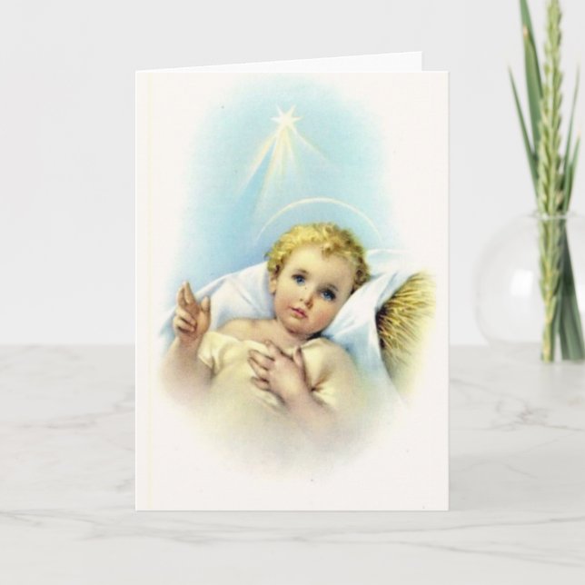 Cartes Pour Fêtes Annuelles Bébé Jésus en ouatine brillante Blan de halo (Devant)