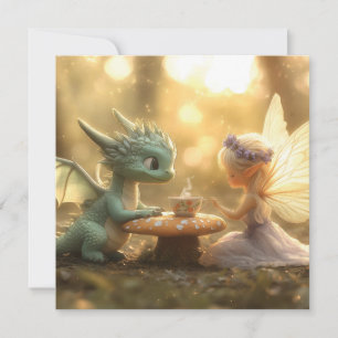 Cartes Pour Fêtes Annuelles Bébé mignon Dragon et Fée Profitant du thé
