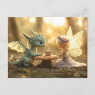 Cartes Pour Fêtes Annuelles Bébé mignon Dragon et Fée Profitant du thé