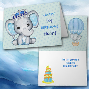 Cartes Pour Fêtes Annuelles Bébé mignon éléphant garçon Prince Anniversaire Ca