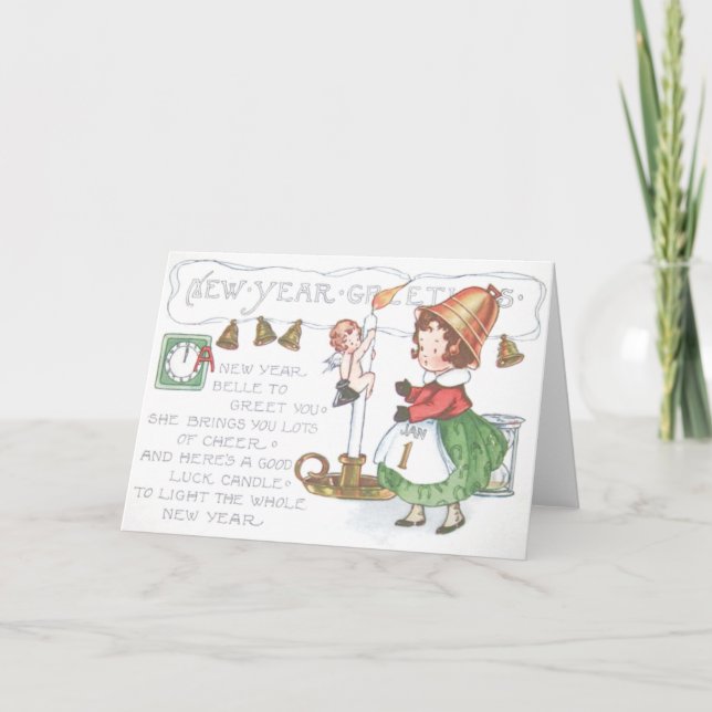 Cartes Pour Fêtes Annuelles Bébé Nouvel An Bougies Cloches Horloge Horaire Ver (Devant)