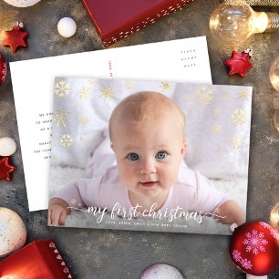 Cartes Pour Fêtes Annuelles Bébé Photo First Christmas Script Gold Snowflakes