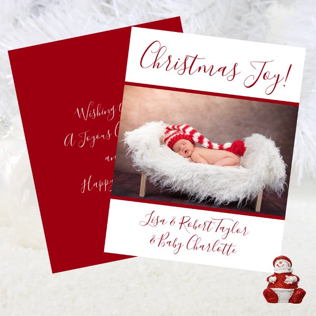 Cartes Pour Fêtes Annuelles Bébé Photo Noël Joie avec les noms Rouge (Baby Photo Christmas Joy With Names Red Holiday Card)