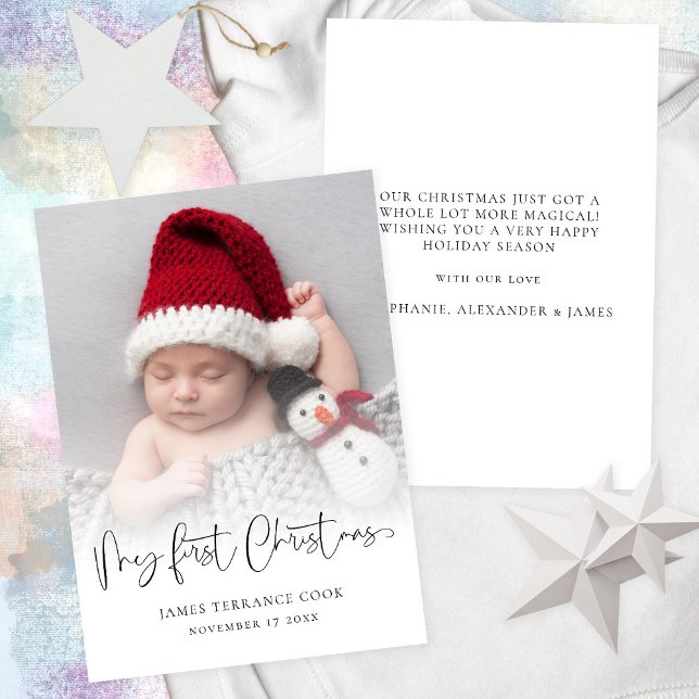 Cartes Pour Fêtes Annuelles Bébé premier Noël Date de naissance Photo Overlay  (Front and back view. Available digitally or printed)