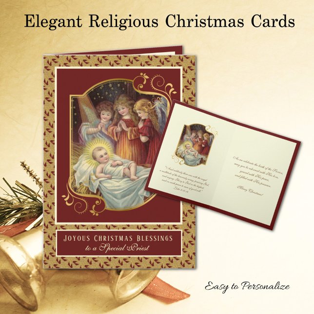 Cartes Pour Fêtes Annuelles Bébé religieux Jésus Anges de Noël Prêtre (Traditional Christmas Religious Card with Jesus in Manger with Angels - Easy to personalize)
