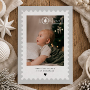 Cartes Pour Fêtes Annuelles Bébé timbre postal gris 1ère Noël photo
