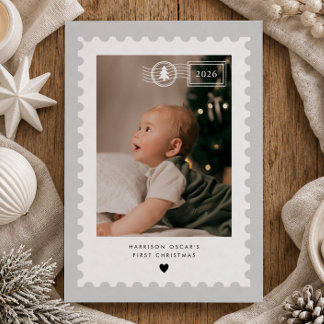 Cartes Pour Fêtes Annuelles Bébé timbre postal gris 1ère Noël photo