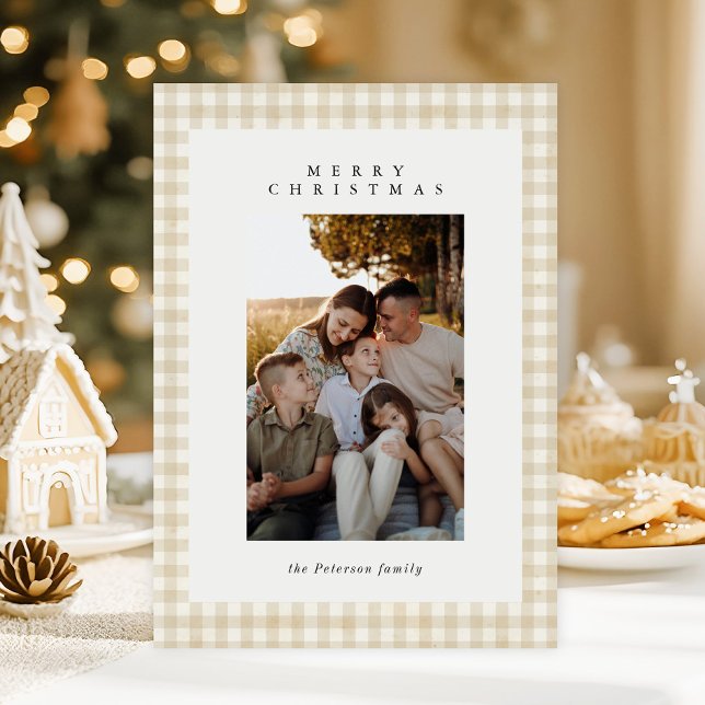 Cartes Pour Fêtes Annuelles Beige En vichy Plaid Photo Joyeux Noël (Créateur téléchargé)