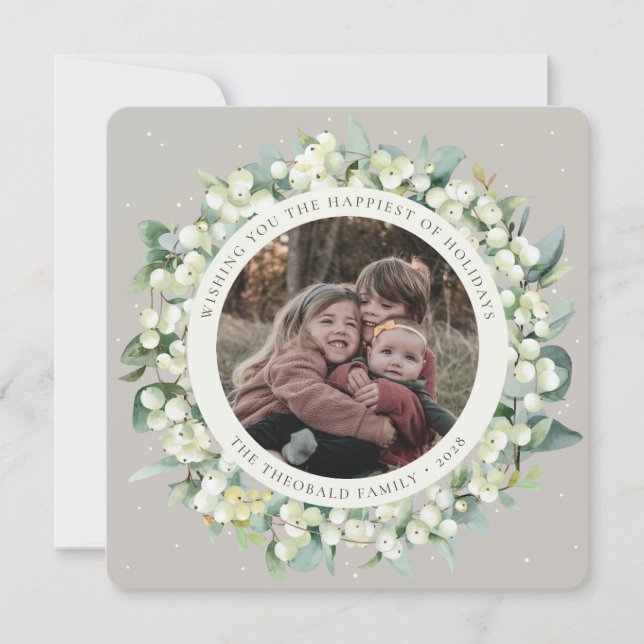 Cartes Pour Fêtes Annuelles Beige Rond/Carré Snowberry+Eucalyptus Photo (Devant)