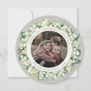 Cartes Pour Fêtes Annuelles Beige Rond/Carré Snowberry+Eucalyptus Photo