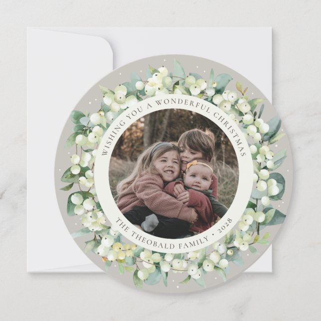 Cartes Pour Fêtes Annuelles Beige Rond/Carré Snowberry+Eucalyptus Photo (Devant)