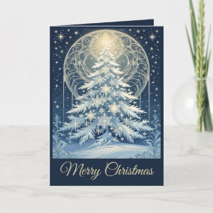 Cartes Pour Fêtes Annuelles Bel arbre de Noël bleu magnifique neige et étoiles