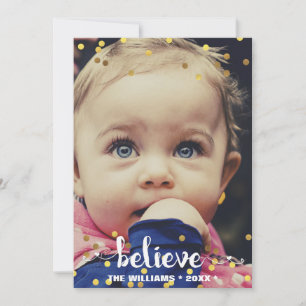 Cartes Pour Fêtes Annuelles BELIEVE Faux Gold Foil Confetti Holiday Photo