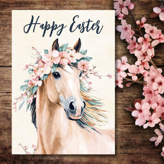 Cartes Pour Fêtes Annuelles Belle aquarelle Cheval Floral Pâques