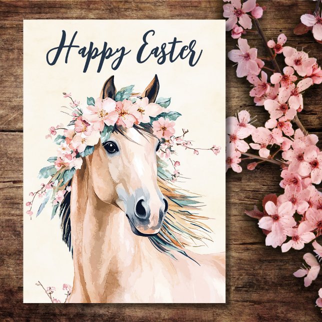 Cartes Pour Fêtes Annuelles Belle aquarelle Cheval Floral Pâques (Horse - Beautiful Watercolor Horse Floral Easter Card)