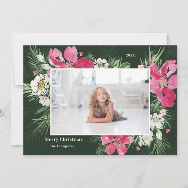 Cartes Pour Fêtes Annuelles Belle aquarelle fleur couronne vert Noël (Devant)