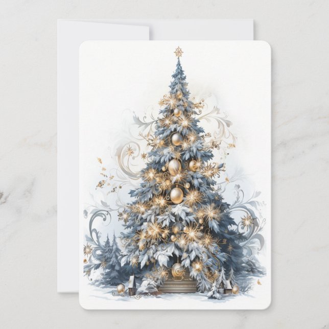Cartes Pour Fêtes Annuelles Belle arbre de Noël bleu et or (Devant)