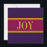 Cartes Pour Fêtes Annuelles Belle Bourgogne Purple Or Moderne Chic "JOY"<br><div class="desc">Les rayures "ruban bonbon" Festive mettent en valeur la belle "JOY" dans une grande typographie élégante remplissant la longueur du design. De larges bandes colorées, vives, au-dessus et au-dessous complètent la composition moderne festive. Les couleurs de bande de cette conception peuvent être customisées en modifiant la conception. Le texte peut...</div>