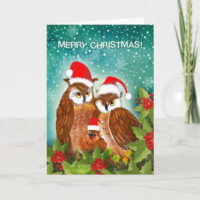 Cartes Pour Fêtes Annuelles Belle famille de hibou sur Noël ! (Devant)