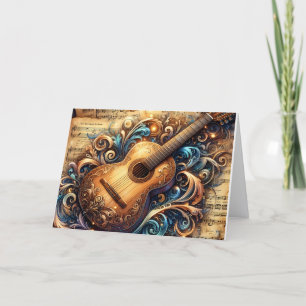 Cartes Pour Fêtes Annuelles Belle guitare dorée et musique de Noël sur partiti
