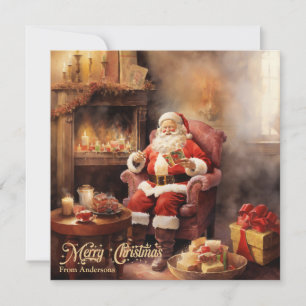 Cartes Pour Fêtes Annuelles Belle illustration rétro Santa Claus lire des lett