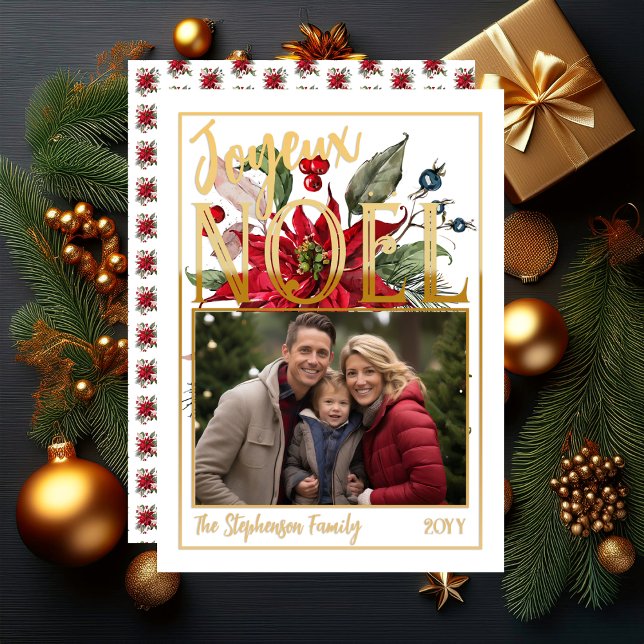 Cartes Pour Fêtes Annuelles Belle Poinsettia et Baies Joyeux Noël ("Joyeux Noël" French "Merry Christmas" Faux Foil and White Poinsettia | Berries Flat Greeting Card)
