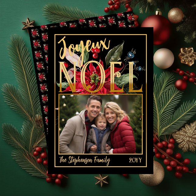 Cartes Pour Fêtes Annuelles Belle Poinsettia et Berries Joyeux Noël ("Joyeux Noël" French "Merry Christmas" Faux Foil and Black Poinsettia | Berries Flat Greeting Card)