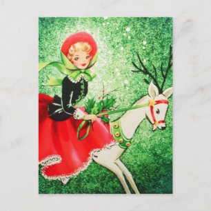 Cartes Pour Fêtes Annuelles Belle Reindeer & Fille de Noël Vintage