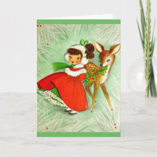 Cartes Pour Fêtes Annuelles Belle Reindeer & Fille de Noël Vintage
